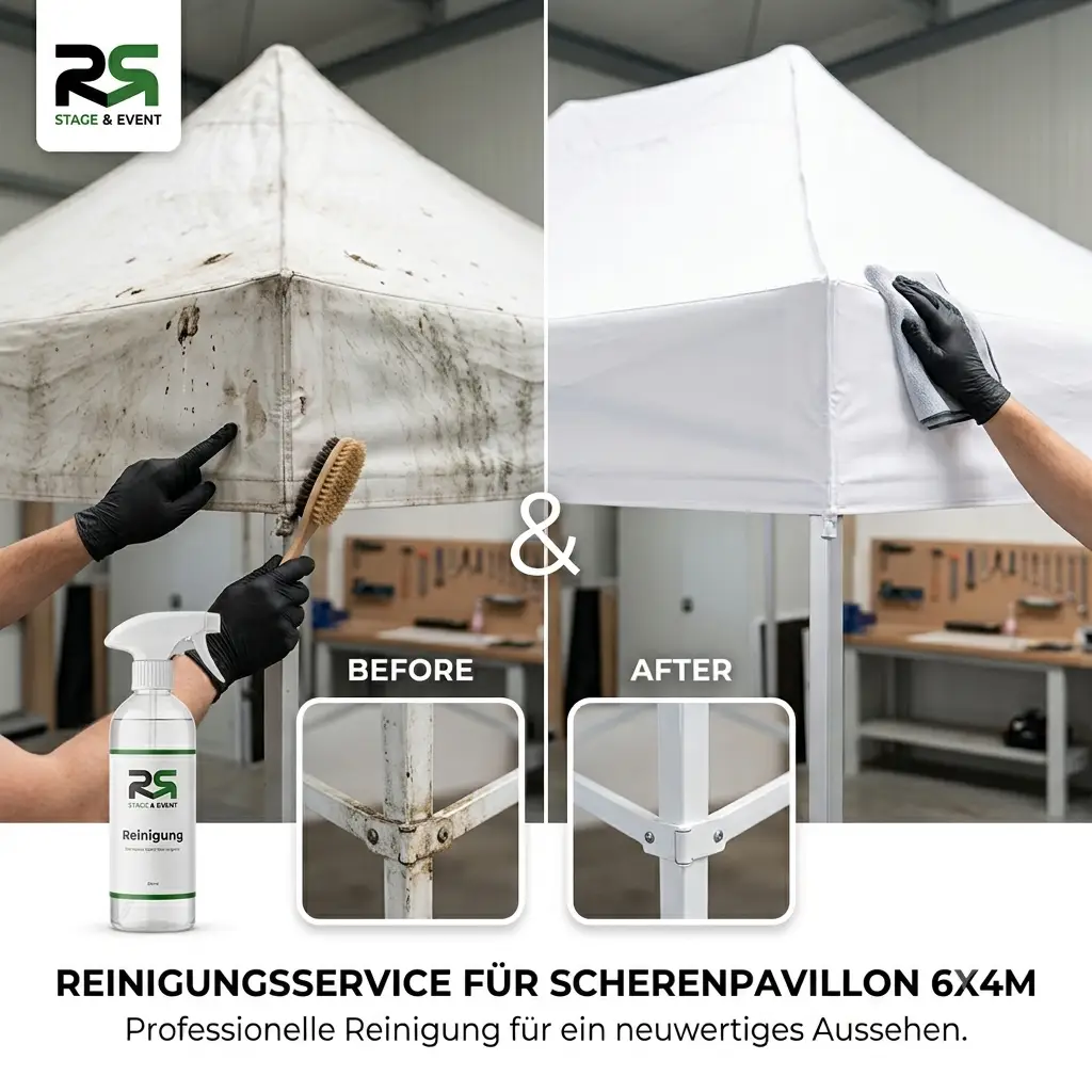 Reinigung Pavillon 6x4 1 Pavillon 6x4 aus Bremen: Perfekt gereinigt überzeugt dieses hochwertige Eventzelt bei der Vermietung durch ein strahlend sauberes Erscheinungsbild und sorgt so bei Ihrer nächsten Veranstaltung für einen professionellen Eindruck.