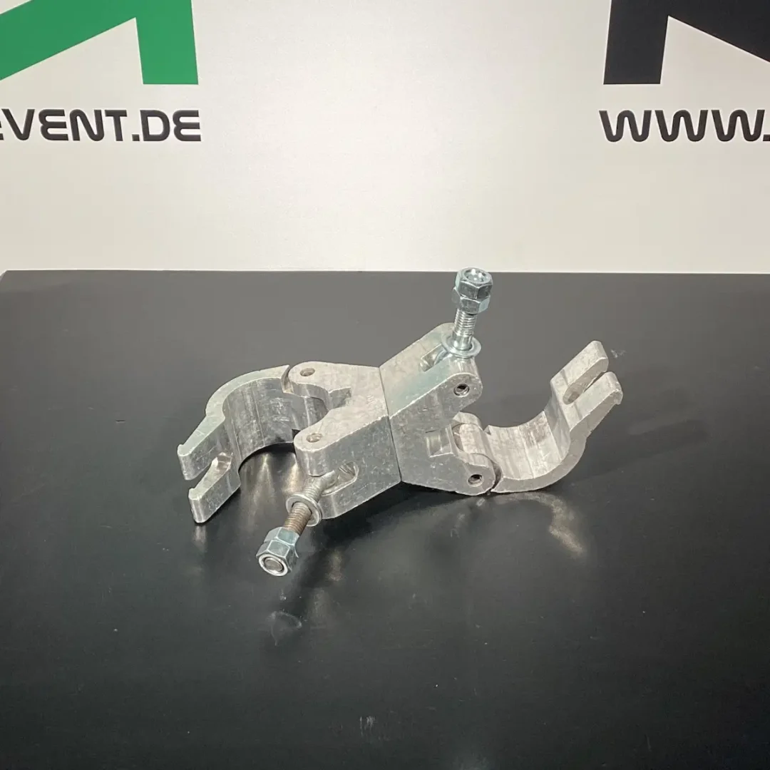 Schelle aus Hamburg: Diese robuste, verstellbare Metallschelle mit zwei Armen und Schrauben eignet sich ideal zum Verleih für sichere Befestigungen bei Veranstaltungen und überzeugt durch flexible Einsatzmöglichkeiten in der Veranstaltungstechnik.